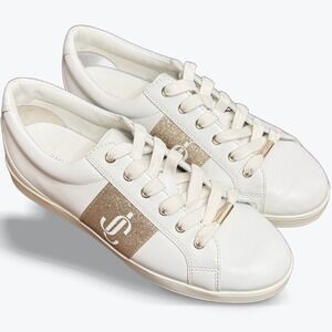 Jimmy Choo Cash JC Sneakers White Leather Glitter Logo Size 39‎